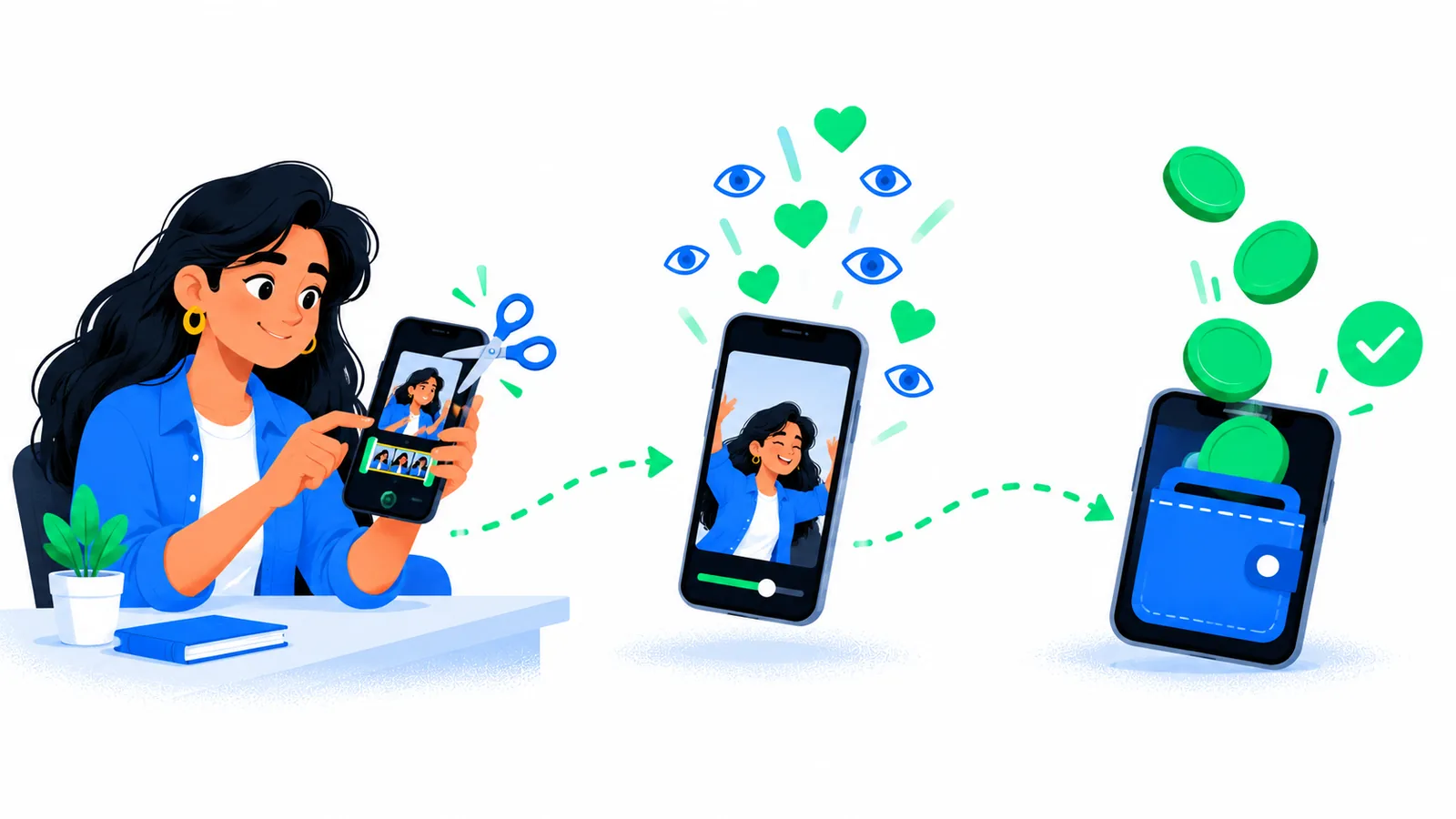 A creator trims a vertical clip on her phone, the clip gathers views, and coins drop into a phone wallet