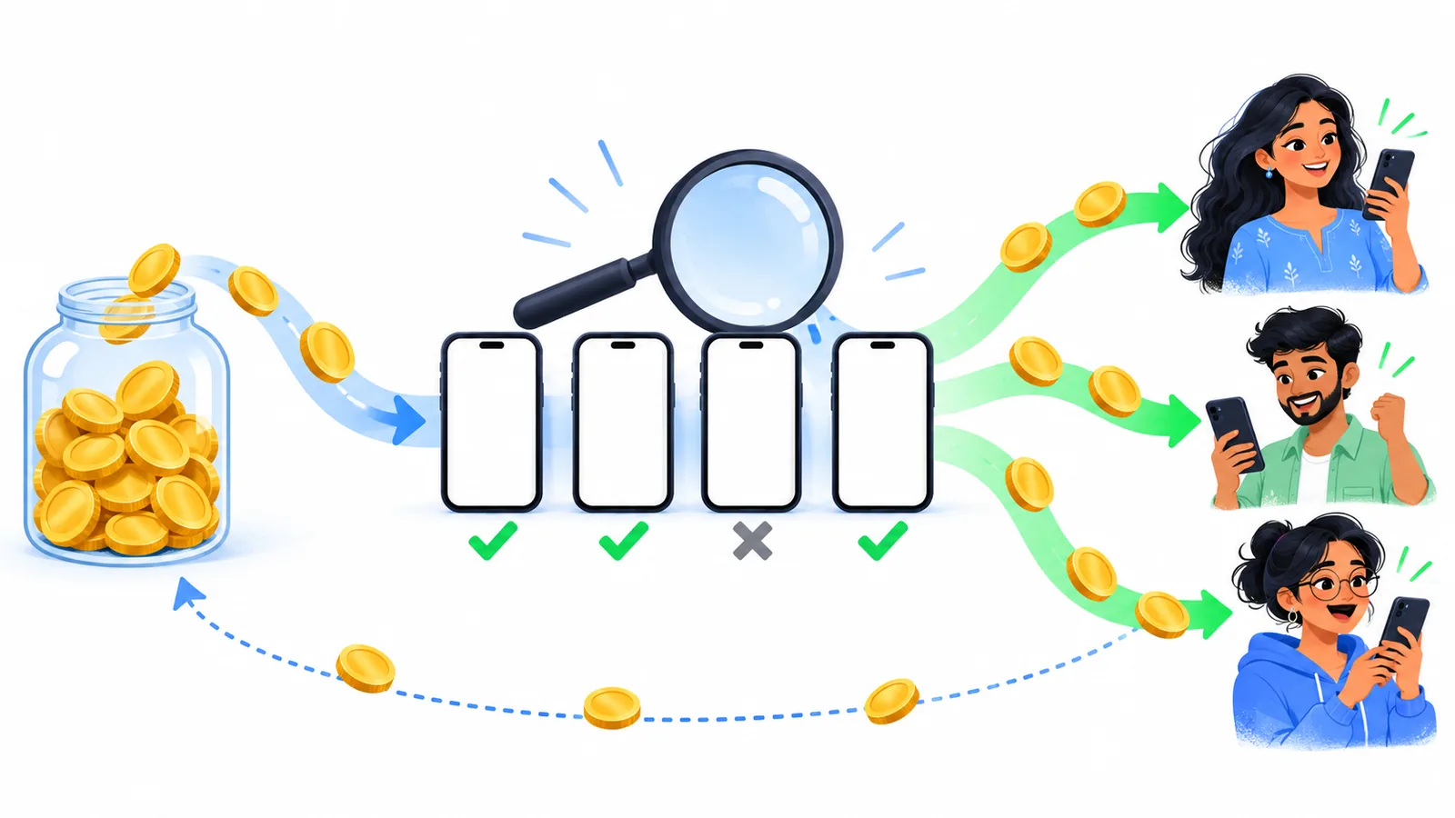 A brand's coin jar funds clips checked under a magnifying glass, pays creators for approved ones and takes back leftover coins