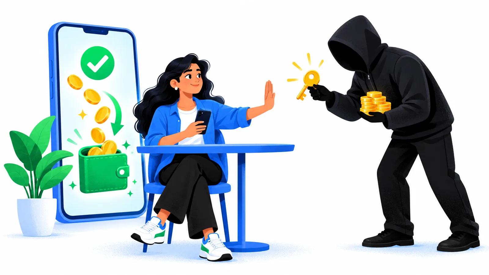 An Indian clipper raises a palm to refuse a hooded stranger offering a key for her coins