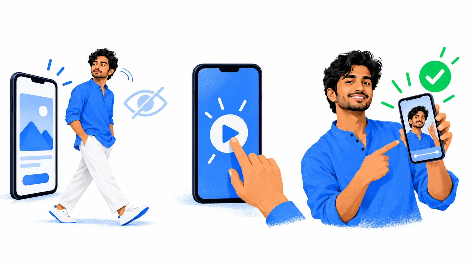 An ad shown to someone looking away, a tapped play button, and a creator's own reel with a verified check