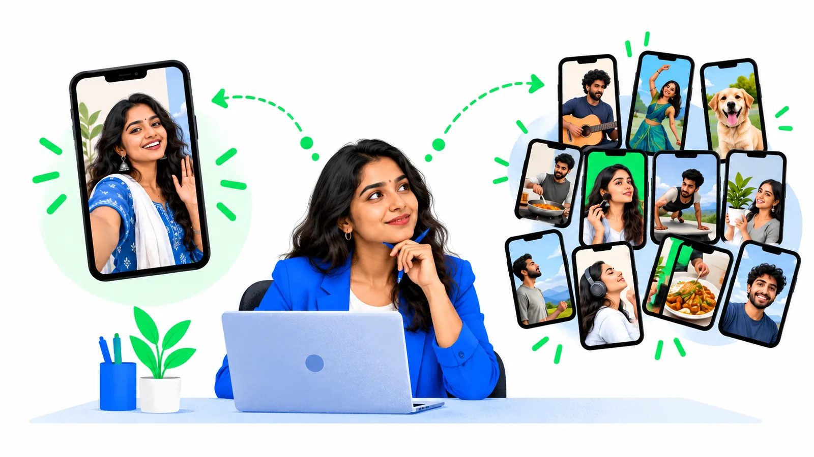 An Indian brand marketer at a laptop weighs one creator against a spread of many short clips