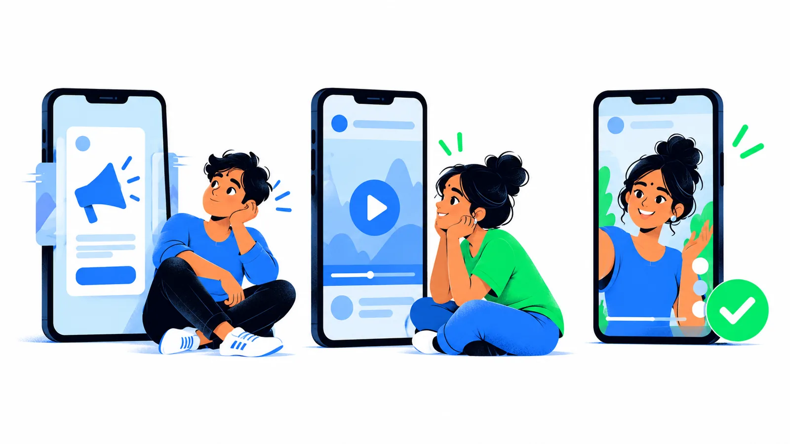 An ad slides past a viewer looking away, a woman watches a video ad, and a creator's own reel shows a check