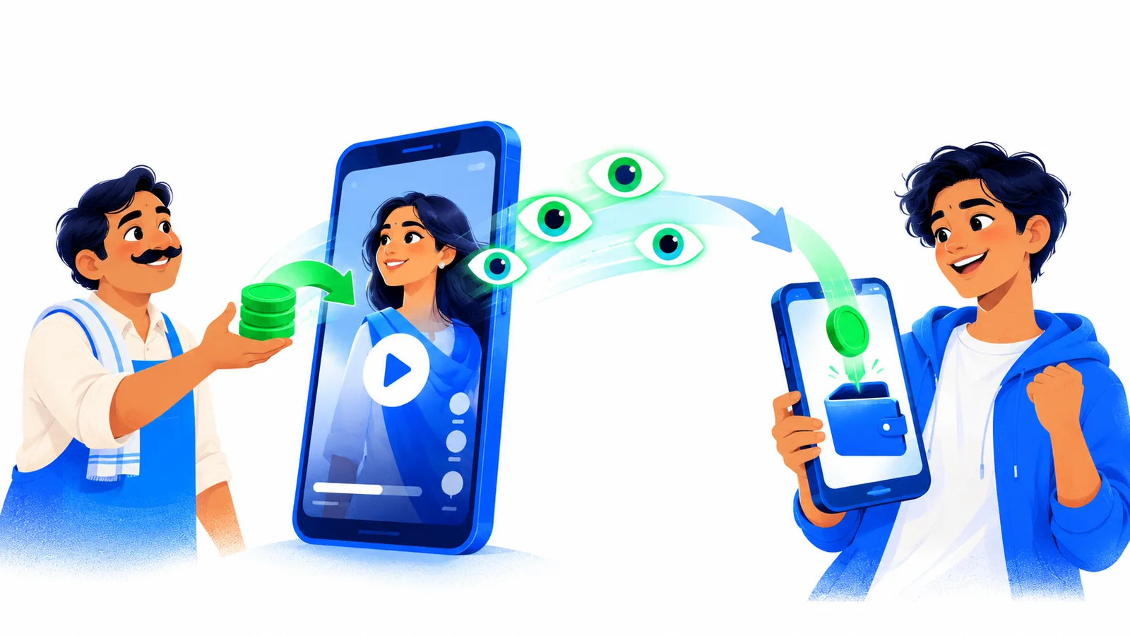 A shopkeeper funds a vertical video, views flow out of it, and a coin lands in a young creator's phone wallet