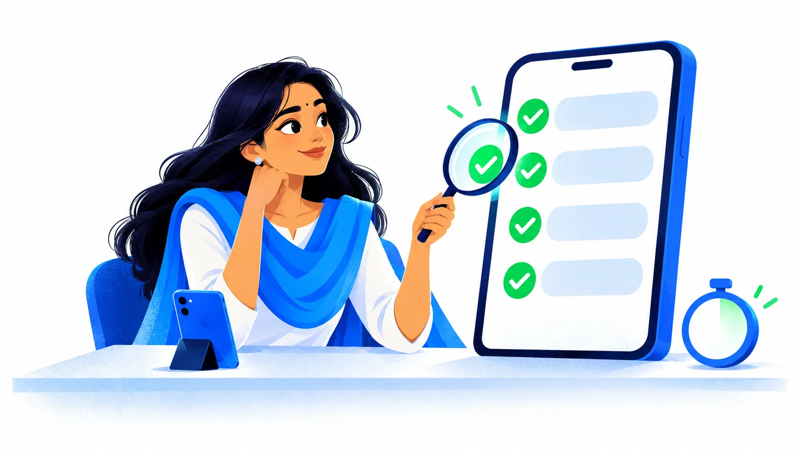 An Indian creator with a magnifying glass ticks off a checklist on a large phone screen beside a stopwatch