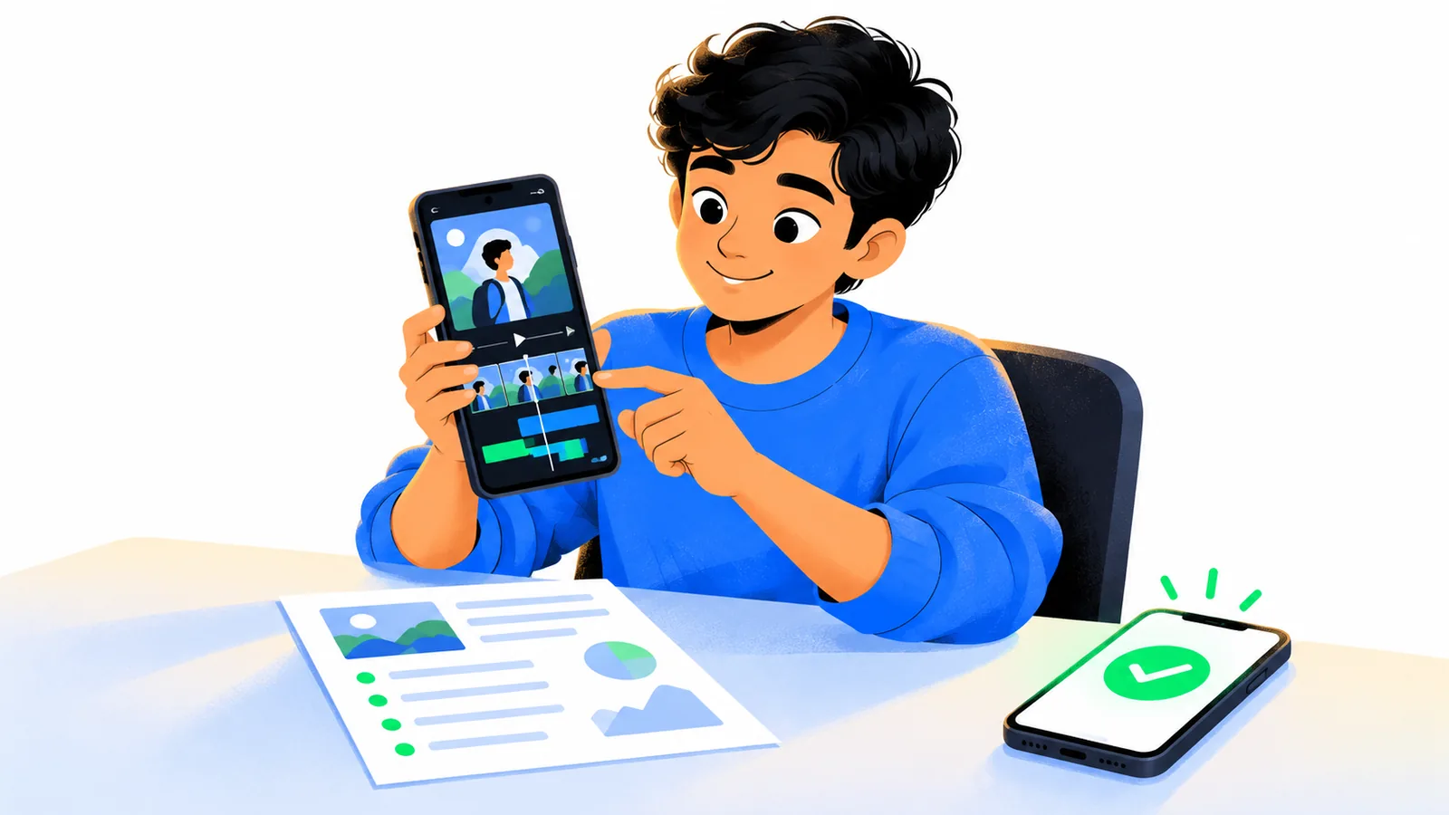 An Indian creator edits a clip on a phone beside a campaign brief as a payment lands
