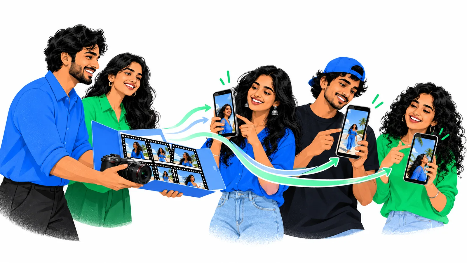 Two Indian brand team members hand a folder of raw footage to three creators, each showing a different vertical clip on a phone