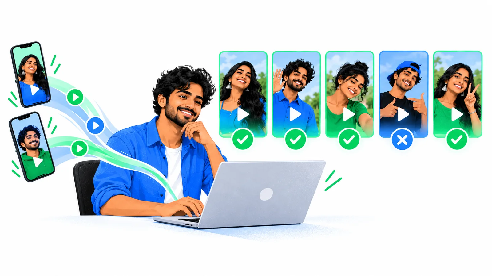 A reviewer at a laptop checks five vertical clips, approving four and setting one aside before any payment
