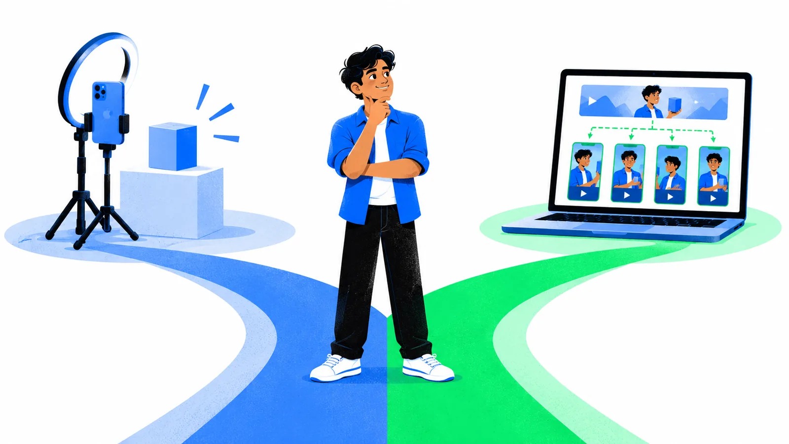 An Indian creator stands where two paths split, one to a phone filming a product, one to a laptop cutting clips