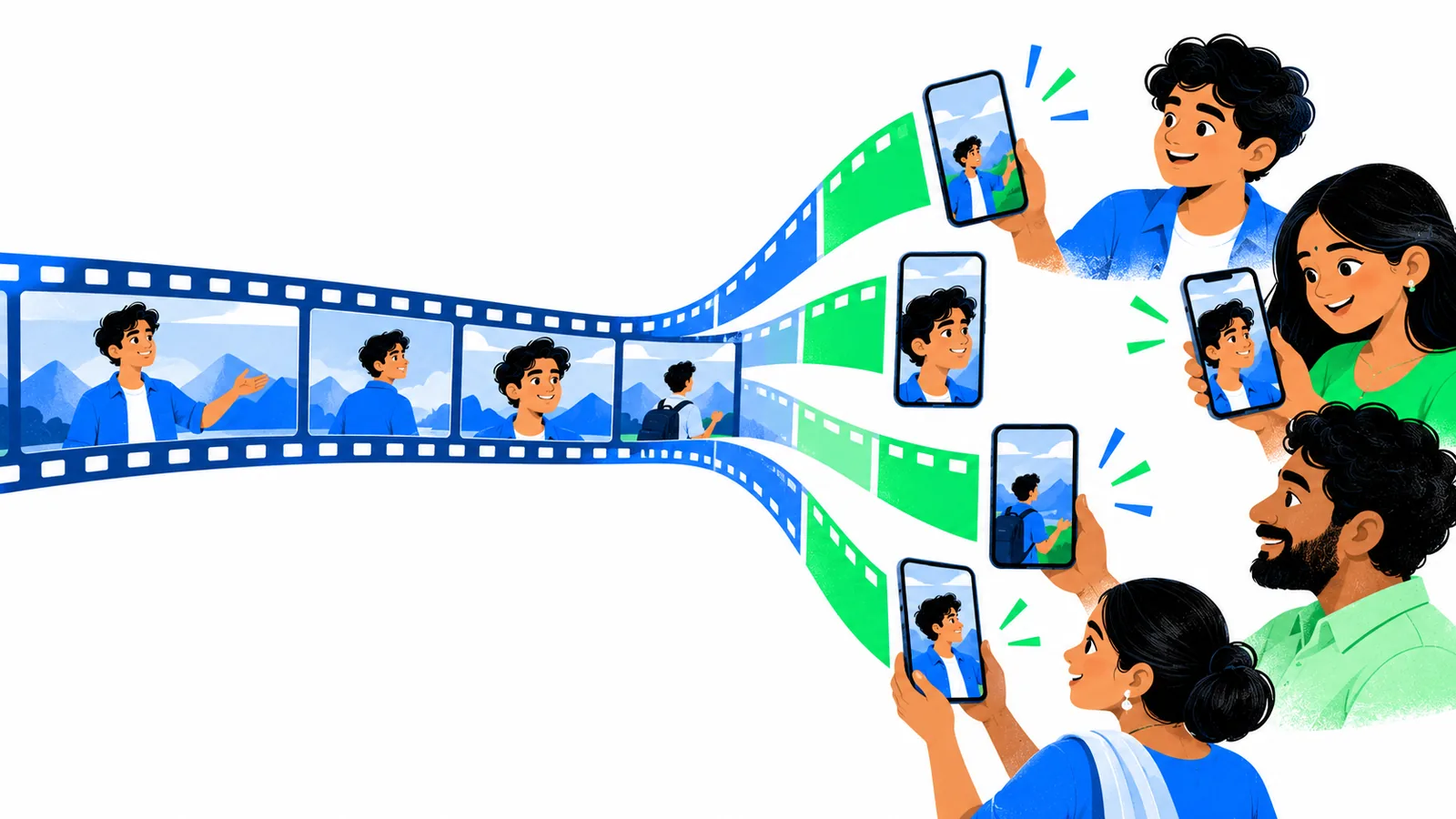 One long video on a film strip splits into short vertical clips watched on phones by Indian viewers