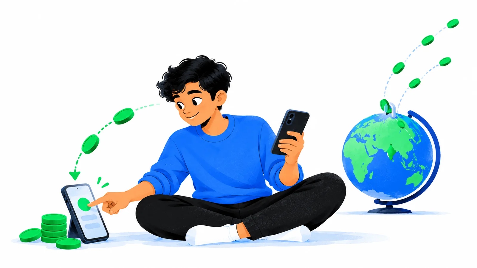 An Indian clipper turns from a distant globe to a phone where rupee earnings stack up nearby
