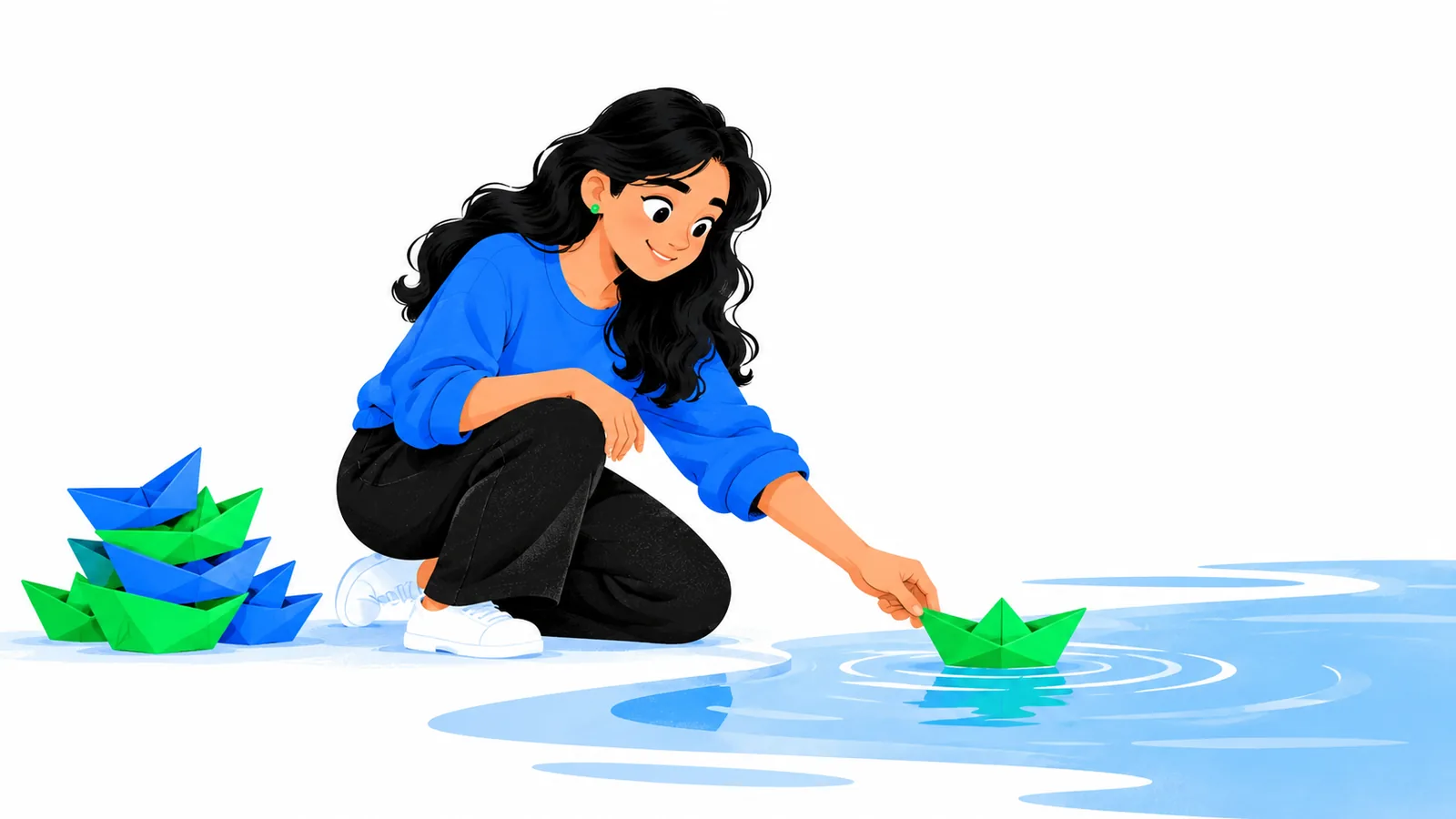 An Indian clipper tests one paper boat on a pond before launching the rest of her fleet