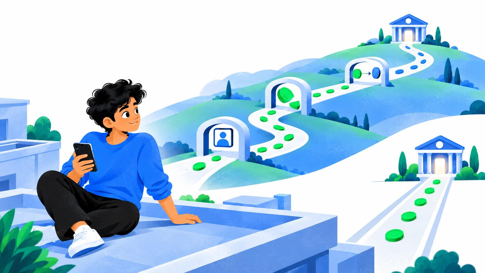 A clipper weighs a long road through ID, fee and currency gates against a short lane to a bank